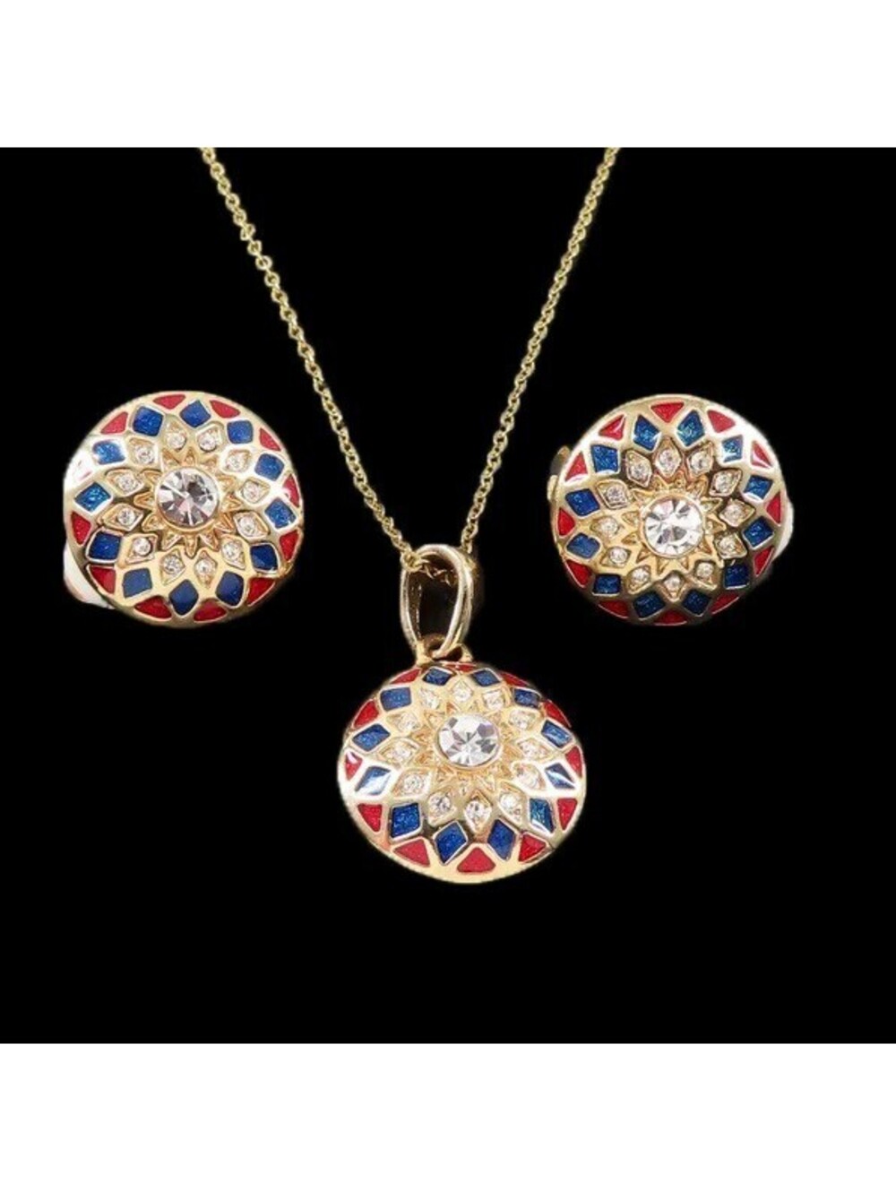 Vintage Mandala Necklace & Clip On Earrings Gold tone Red Blue Enamel Rhinestone